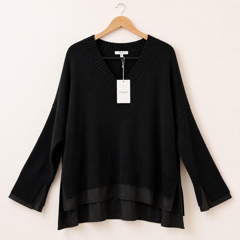 Lafayette 148 Quiet Luxury Cashmere Silk Sweater Women XXL Black V Neck